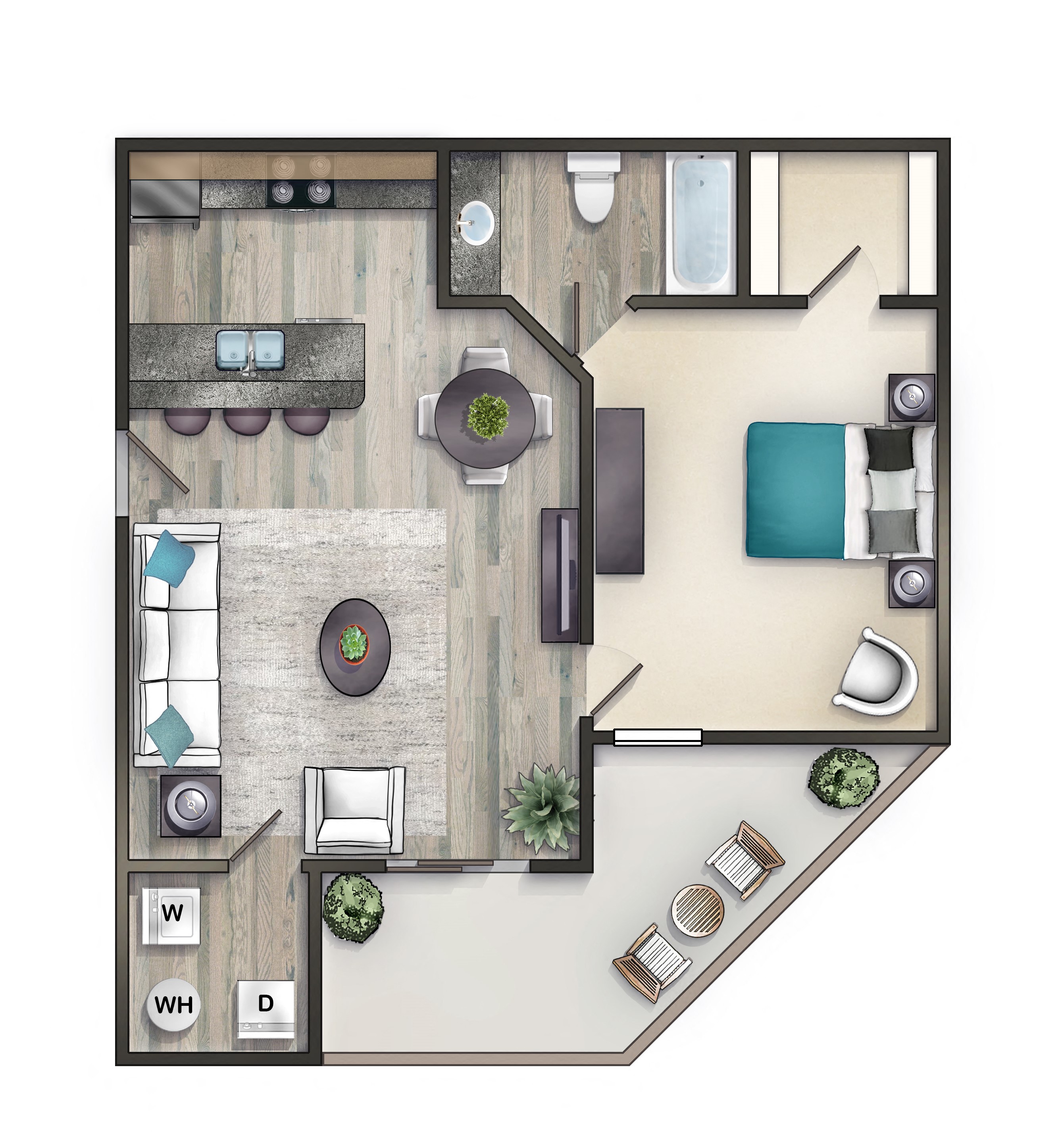 Floor plan for 1 bed, 1 bath, 500 sqft